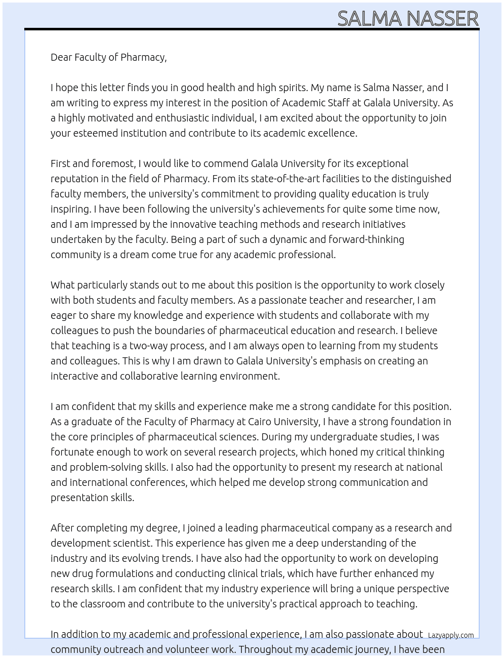 Academic Staff At Galala University Cover Letter