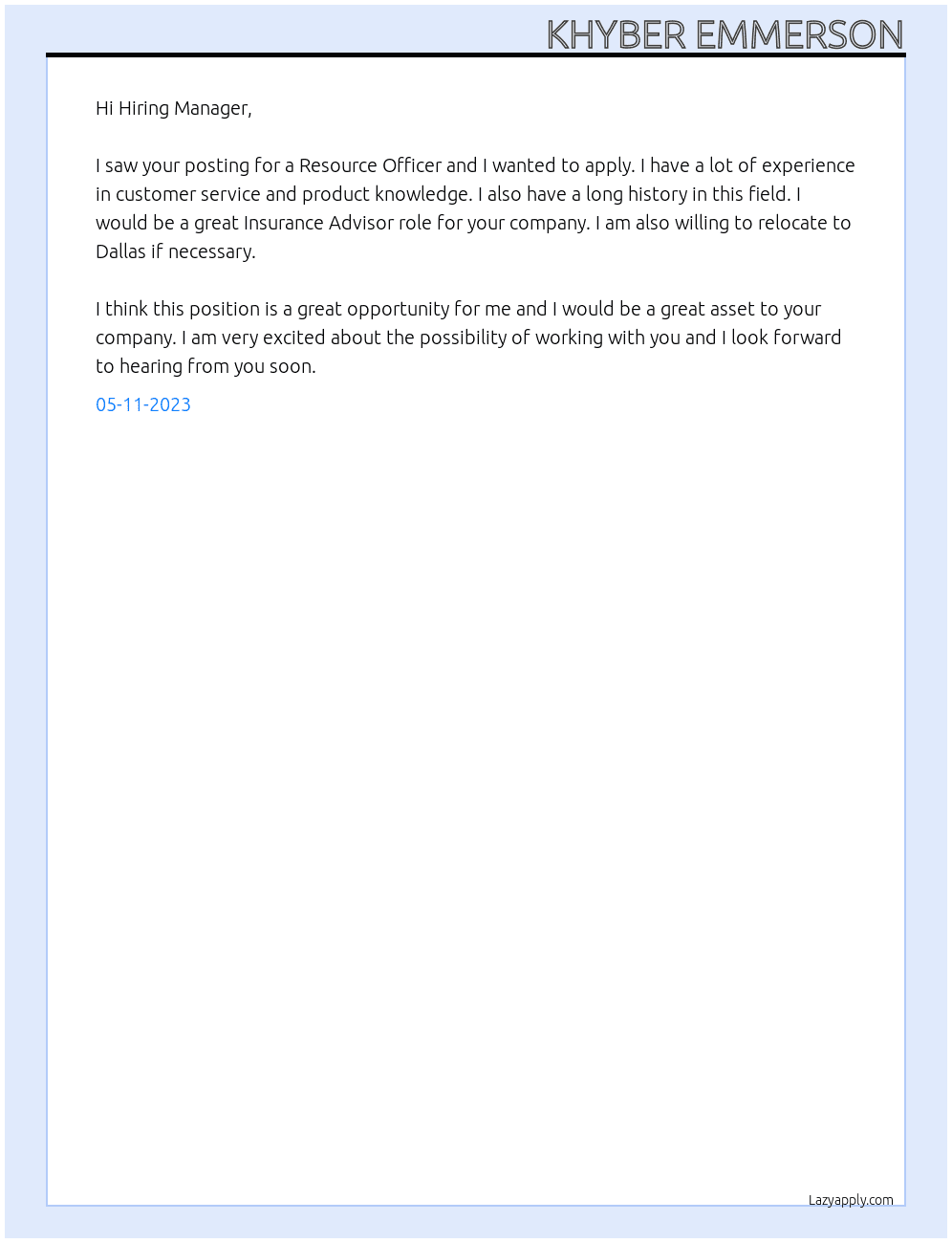 Resource Officer At LaLa Enterprises Cover Letter