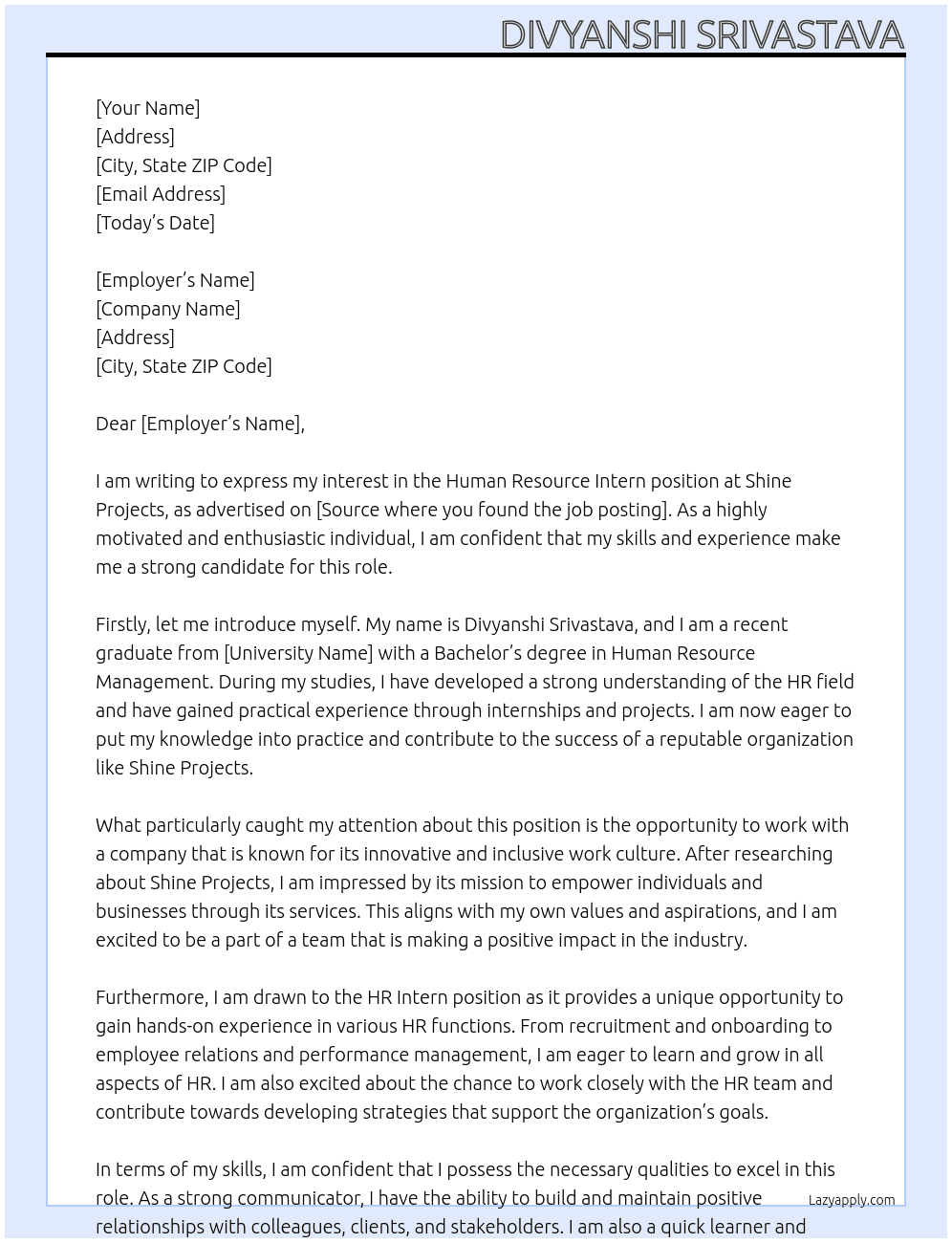 human resource intern At shine projects Cover Letter