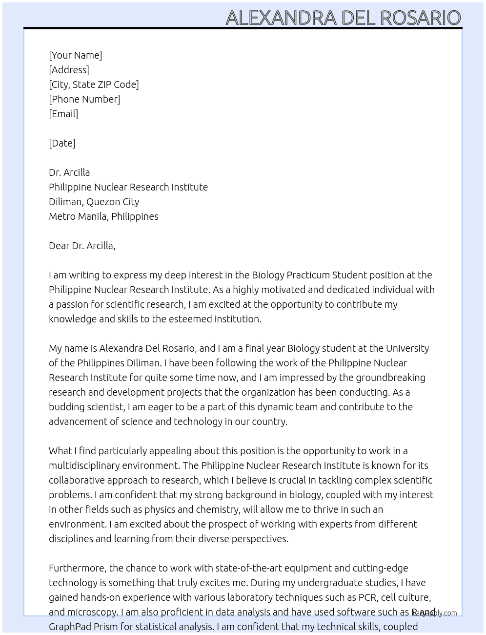 biology practicum student At Philippine Nuclear Research Institute Cover Letter