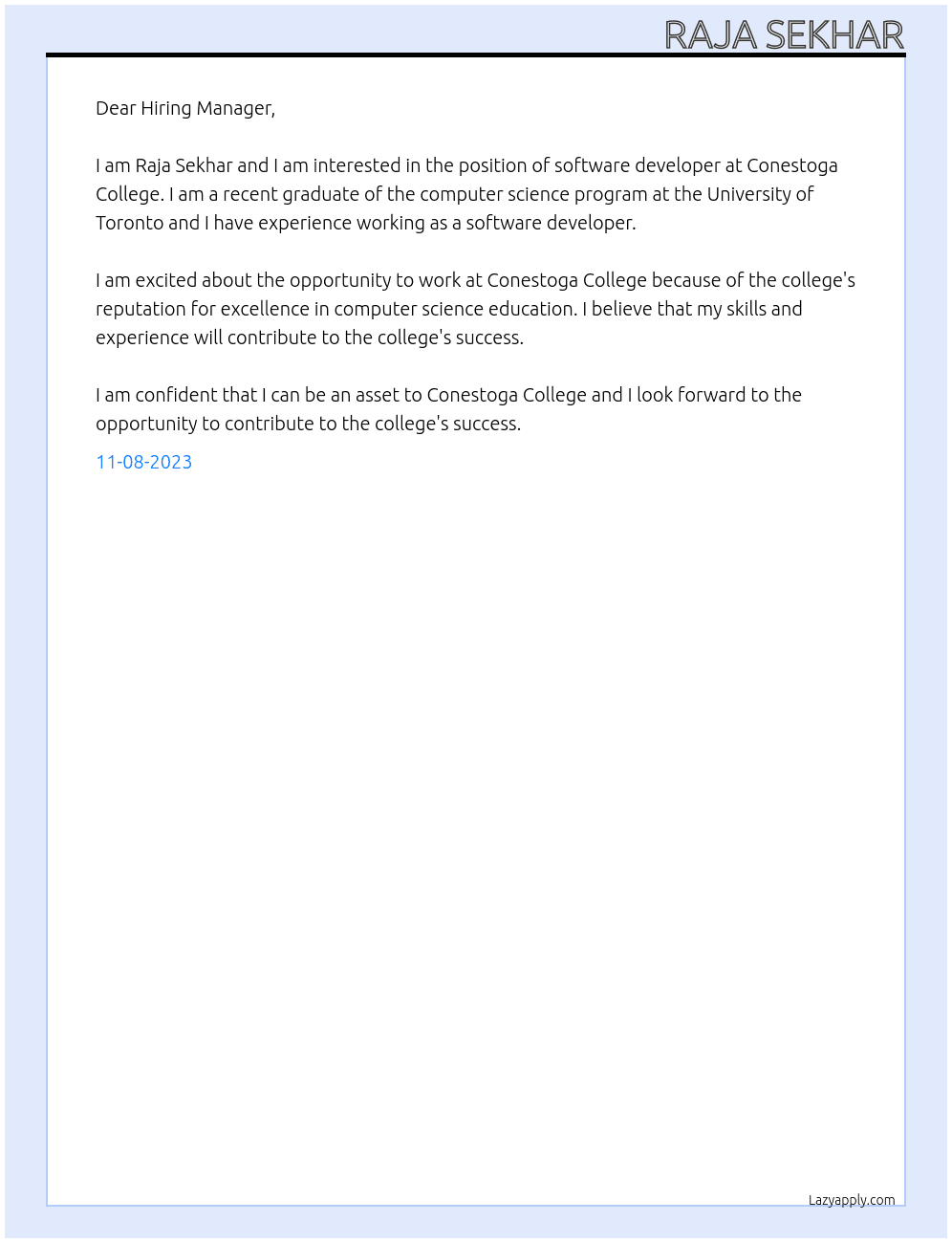 software developer At Conestoga College Cover Letter