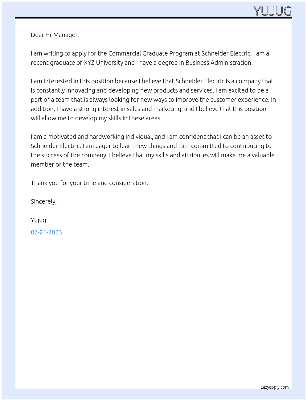 Commercial Graduate Program At Schneider Electric Cover Letter
