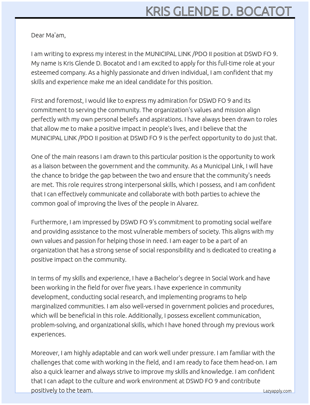 MUNICIPAL LINK /PDO II At DSWD FO 9 Cover Letter