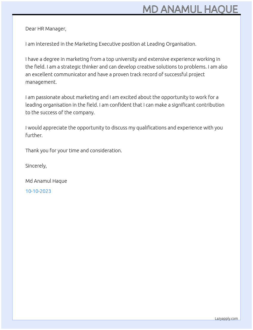 Marketing Executive  At Leading Organisation  Cover Letter