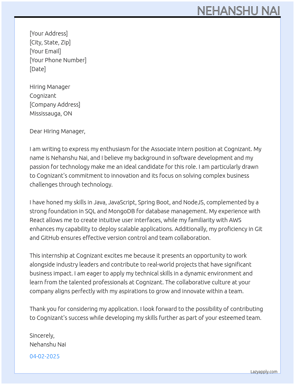 Cover letter for associate intern - LazyApply