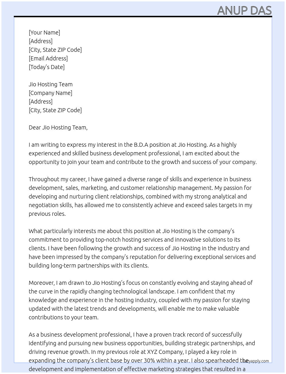 B.D.A At Jio hosting  Cover Letter