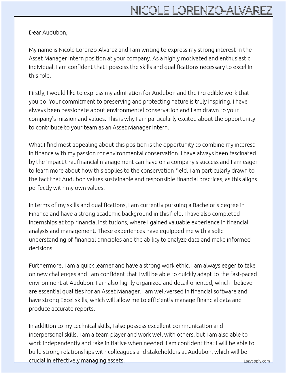 Asset Manager Intern At Audubon Cover Letter