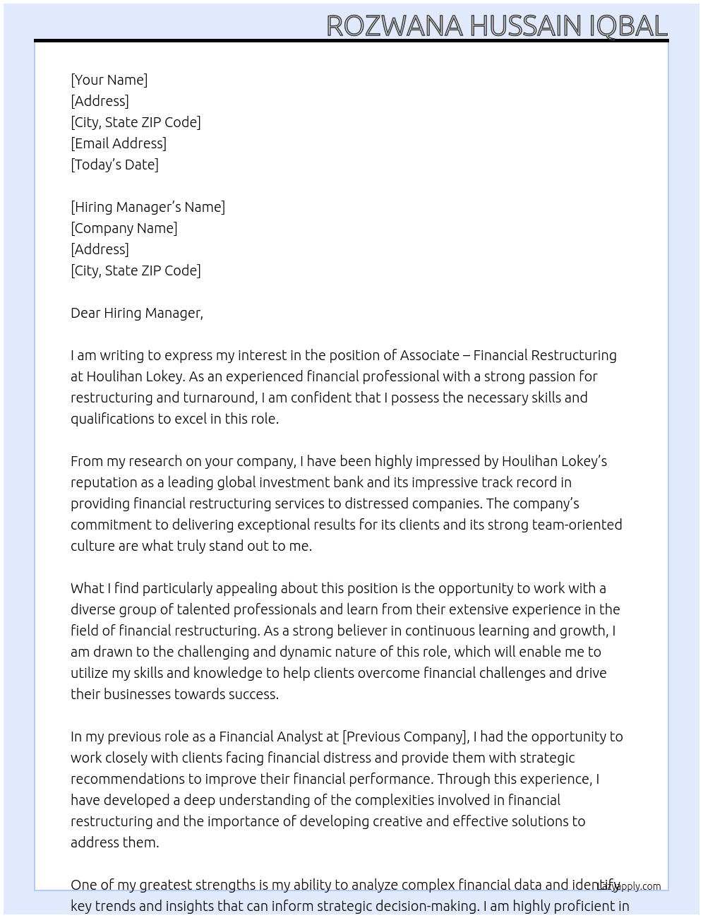 Associate - Financial Restructuring At Houlihan Lokey Cover Letter