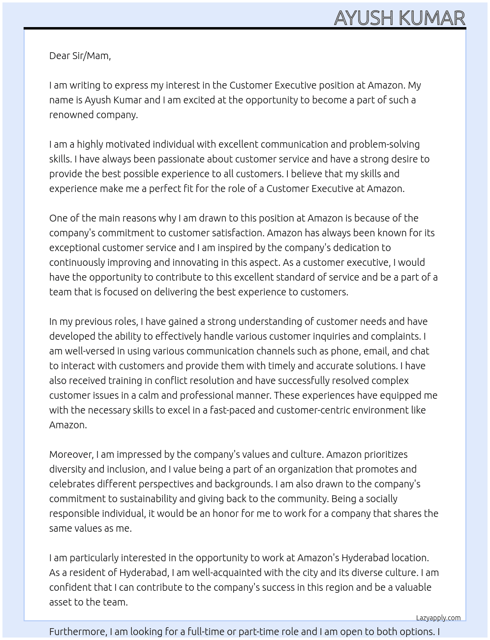 Customer executive  At Amazon Cover Letter
