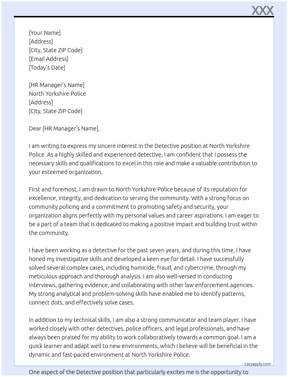 Detective At North Yorkshire police  Cover Letter