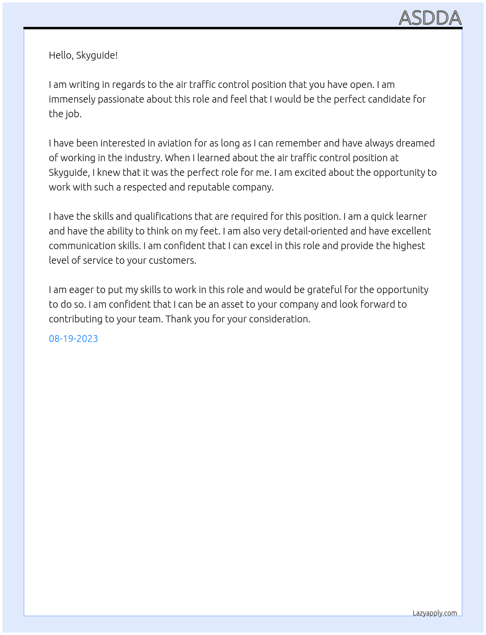 air traffic control  At adsasd Cover Letter