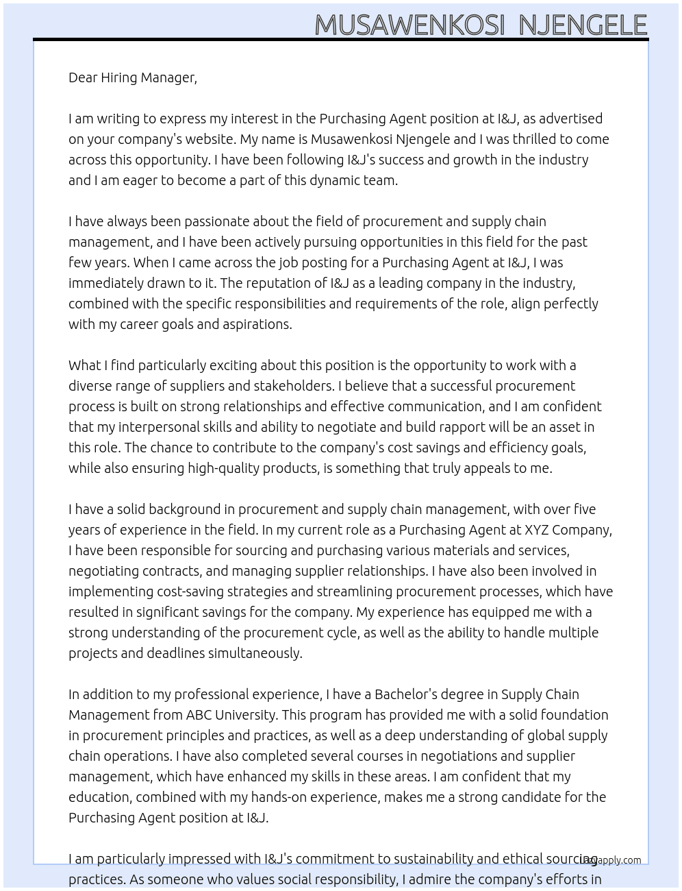 purchasing agent At I&J Cover Letter