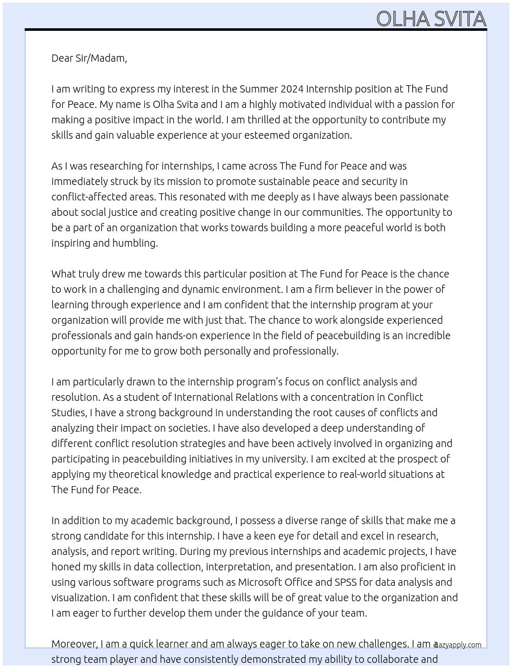Intern At The Fund for Peace - Summer 2024 Internship Cover Letter