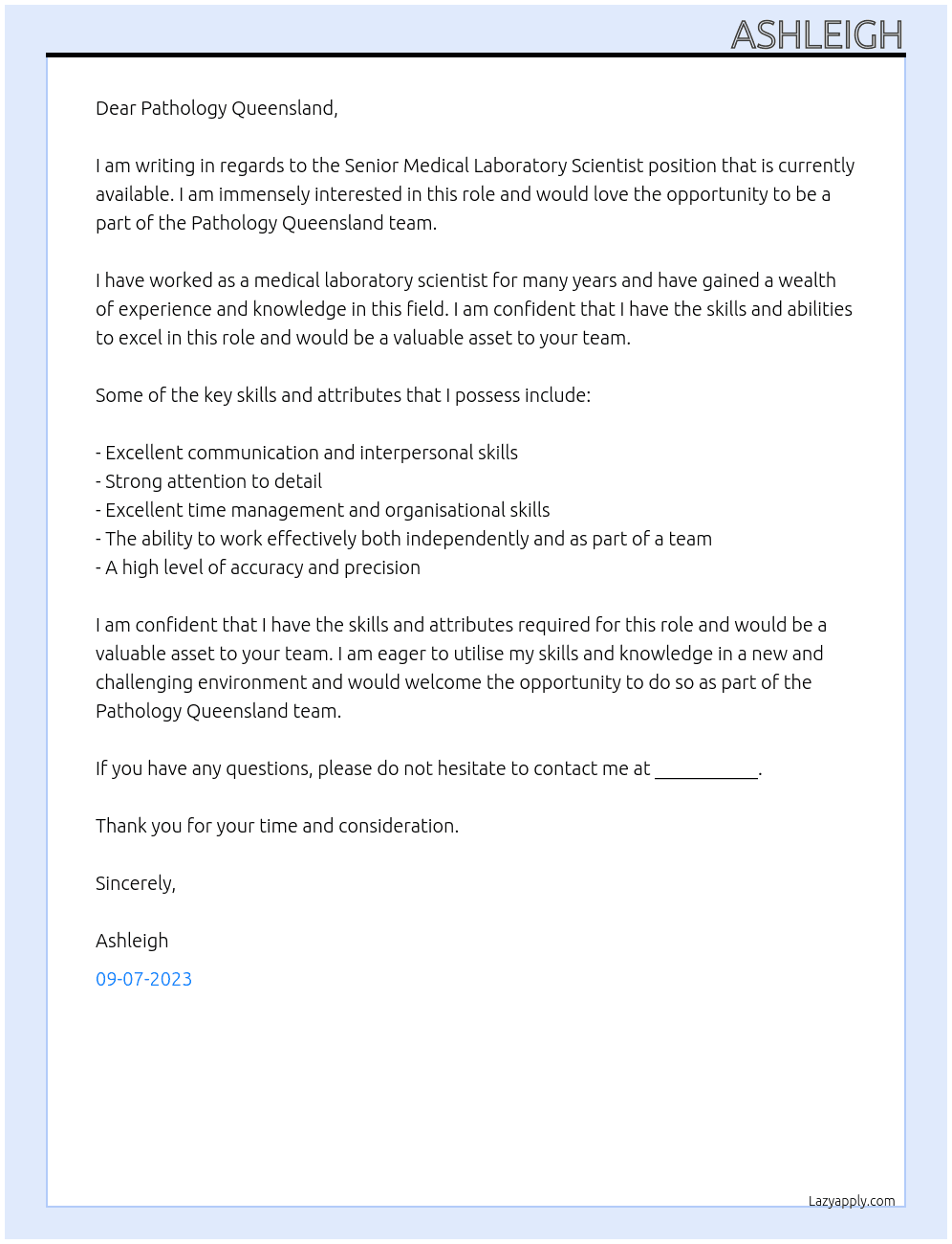 Senior medical laboratory scientist At Pathology Queensland Cover Letter