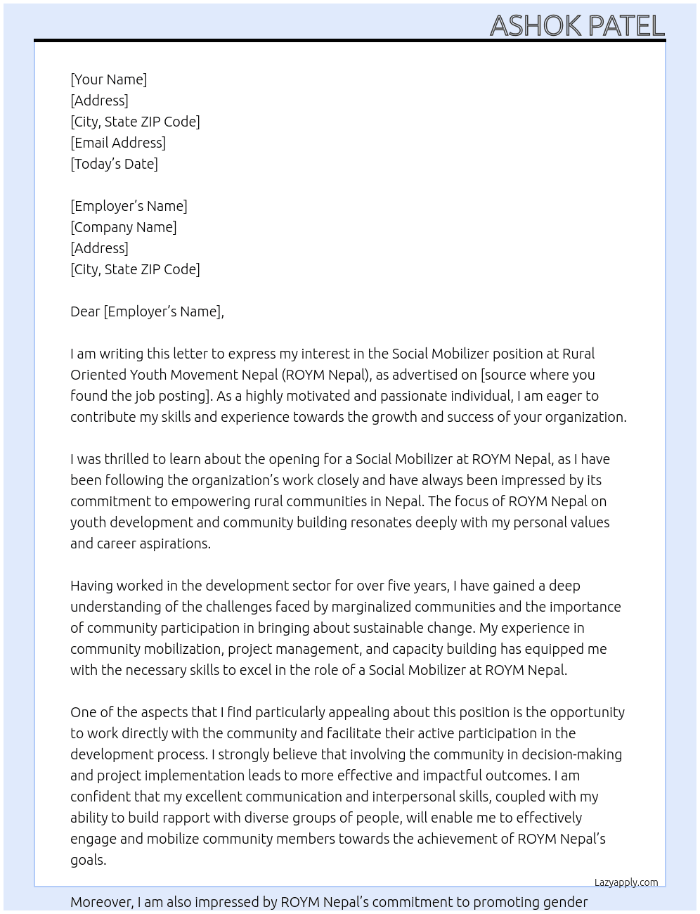 Social Mobilizer At Rural Oriented Youth Movement Nepal (ROYM Nepal) Cover Letter