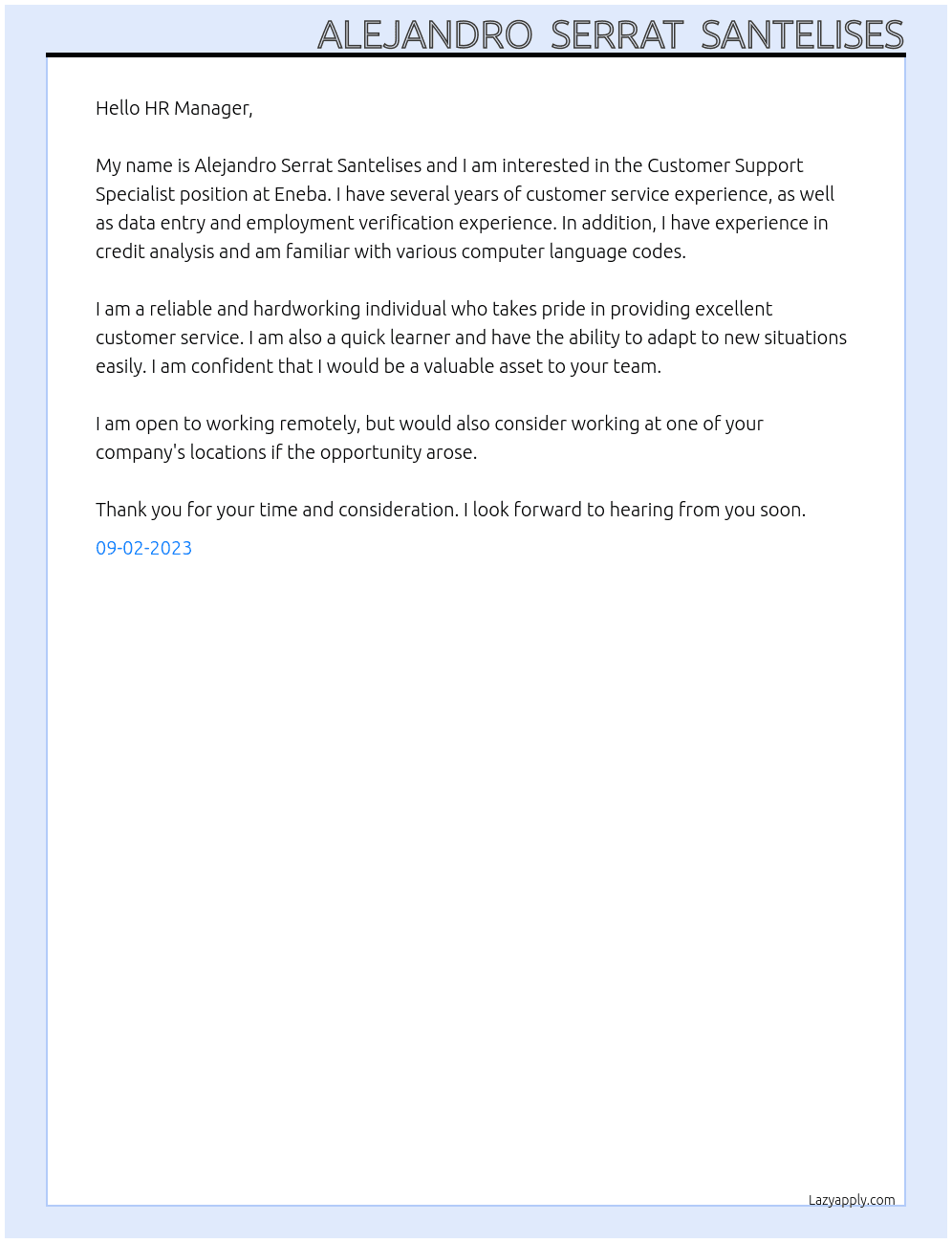Customer Support Specialist At Eneba Cover Letter