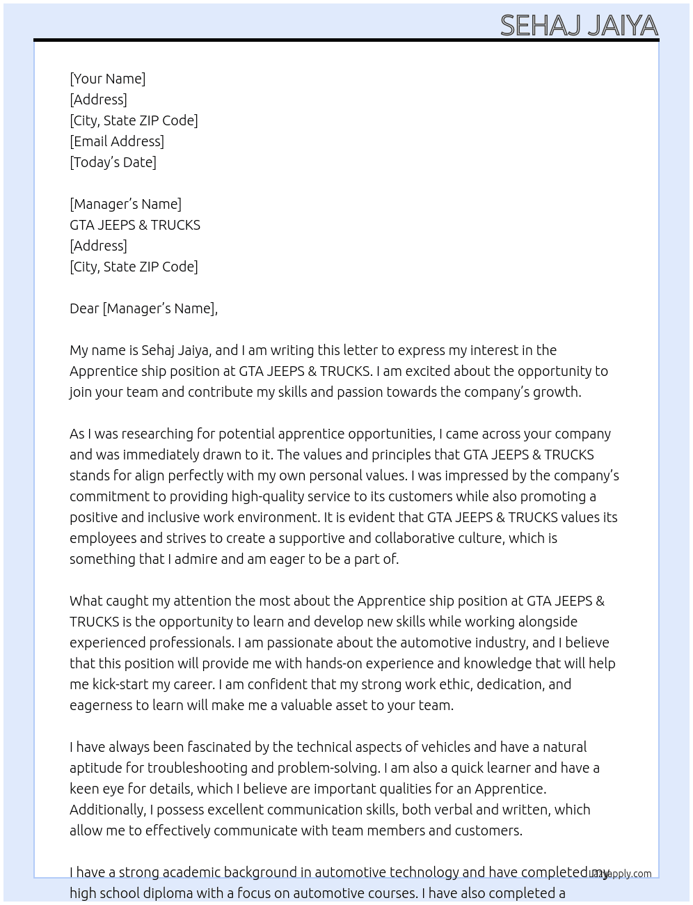 Apprentice ship At GTA JEEPS & TRUCKS Cover Letter