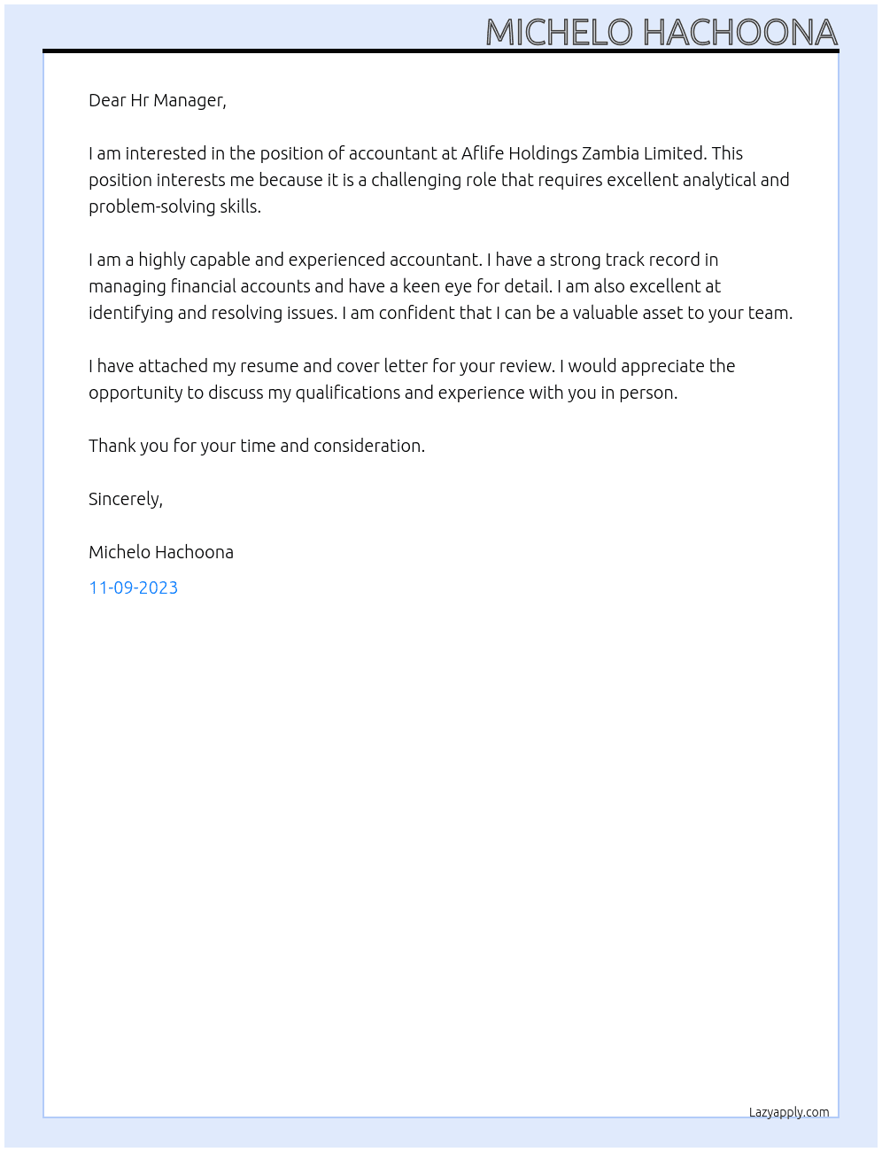 Accountant At Aflife Holdings Zambia Limited Cover Letter