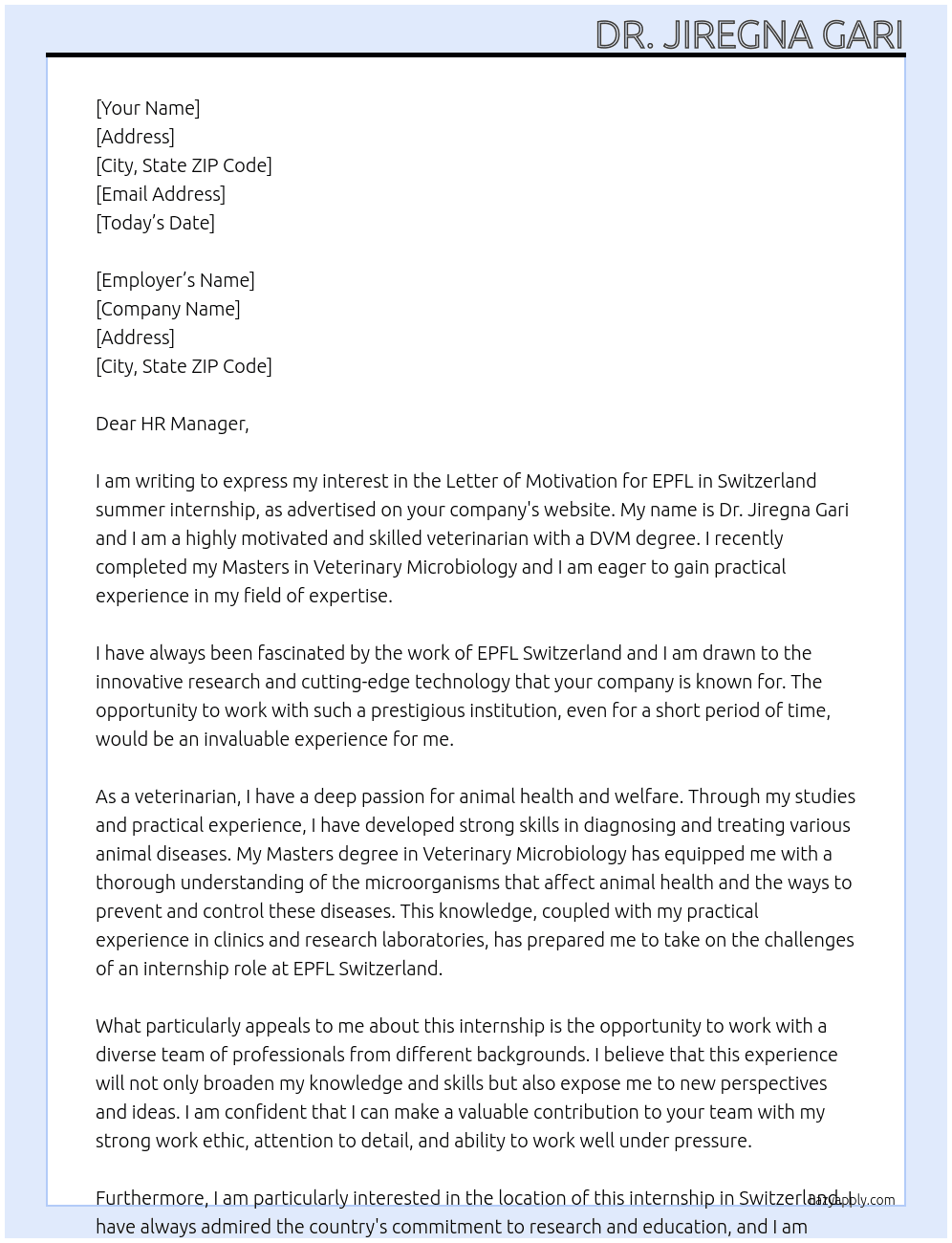Letter of Motivation for EPFL in Switzerland summer intership At EPFL Switzerland Cover Letter