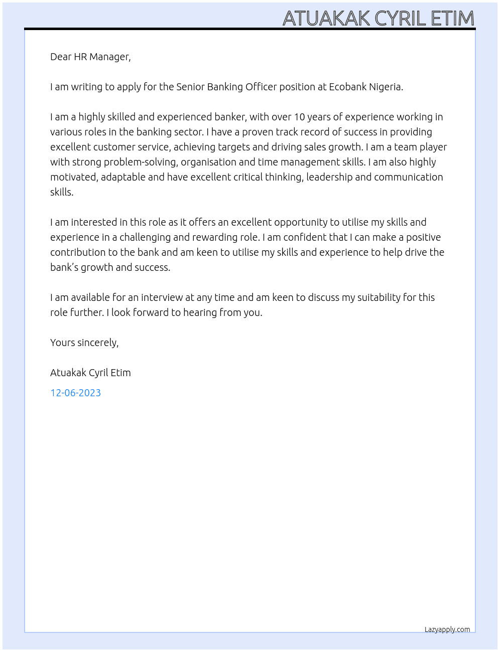 Senior Banking Officer At Ecobank Nigeria Cover Letter