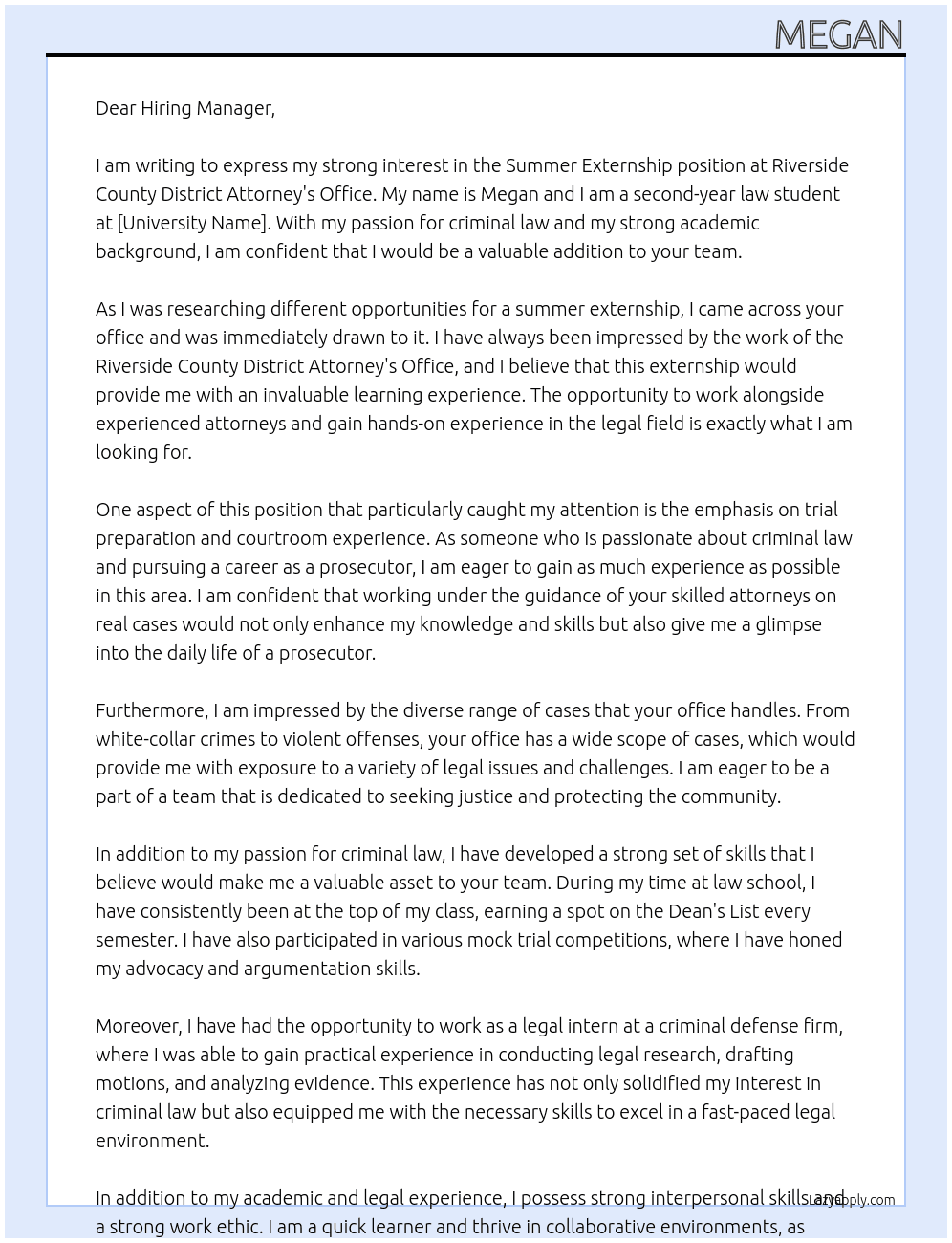 Cover letter for summer externship - LazyApply
