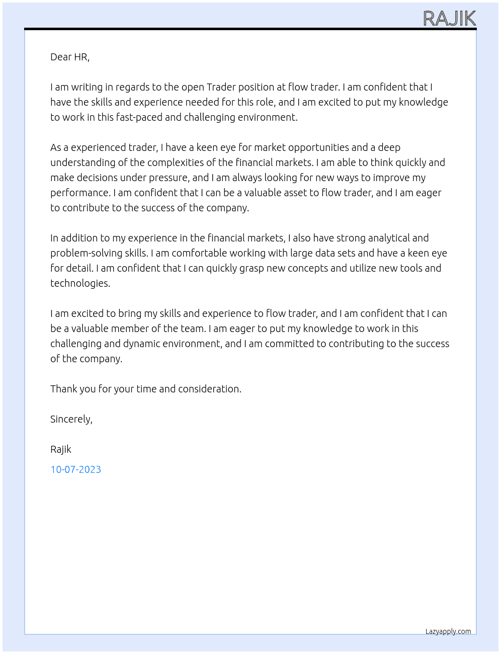 Trader At flow trader Cover Letter