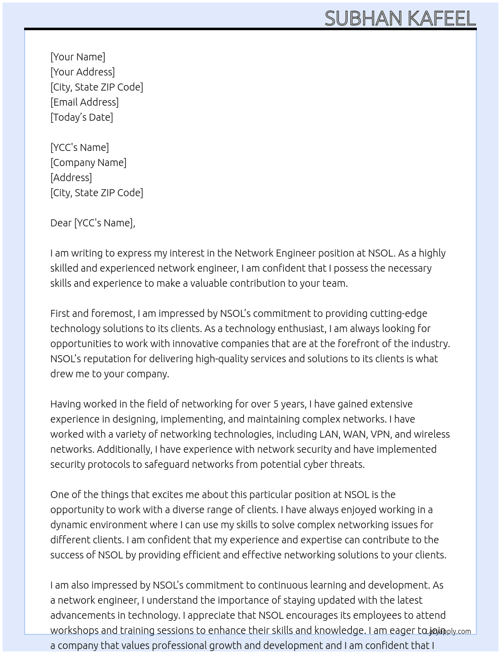 network engineer At NSOL Cover Letter