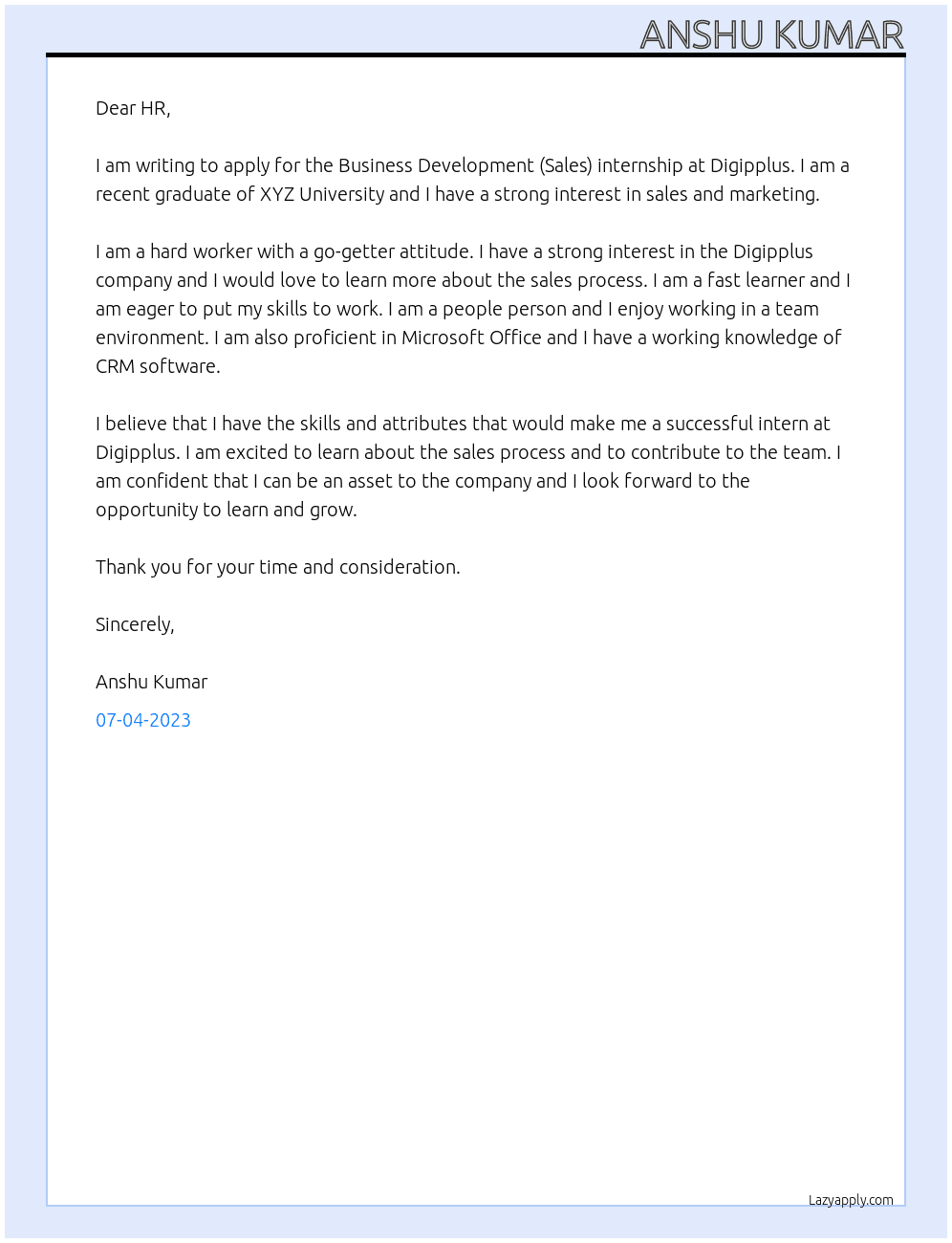Business Development (Sales) internship At Digipplus Cover Letter