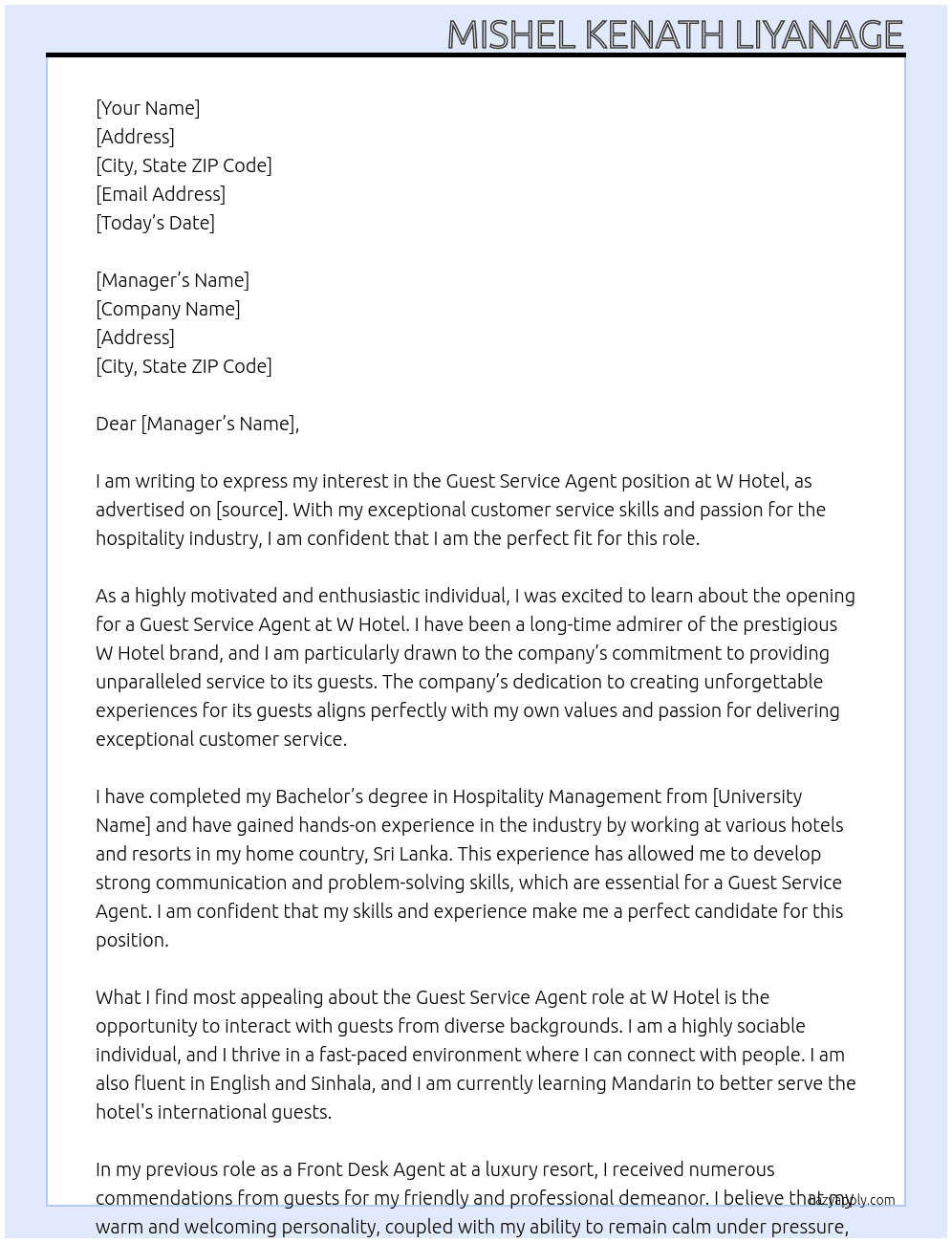 guest service agent At W hotel Cover Letter