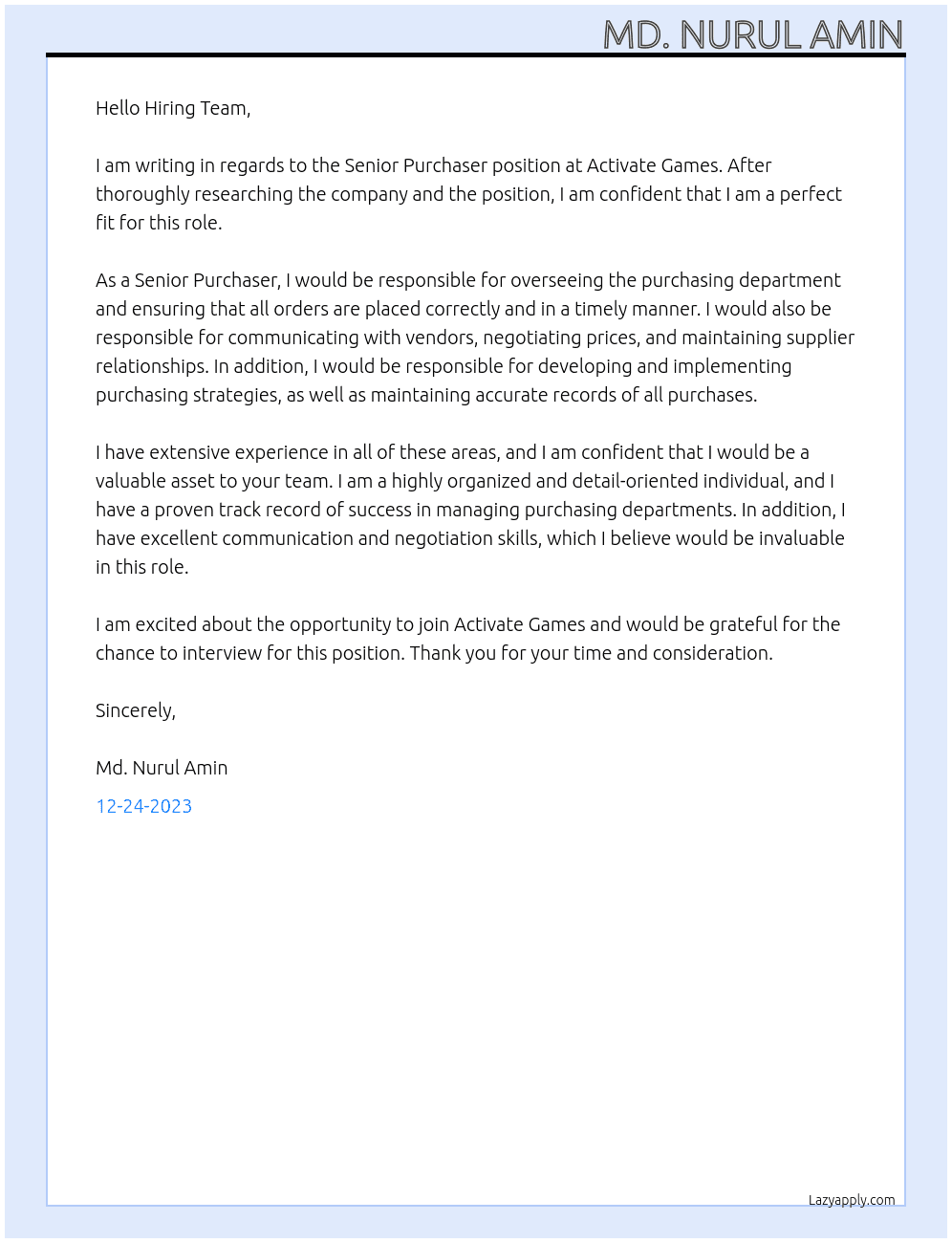 Senior Purchaser At Activate Games Cover Letter