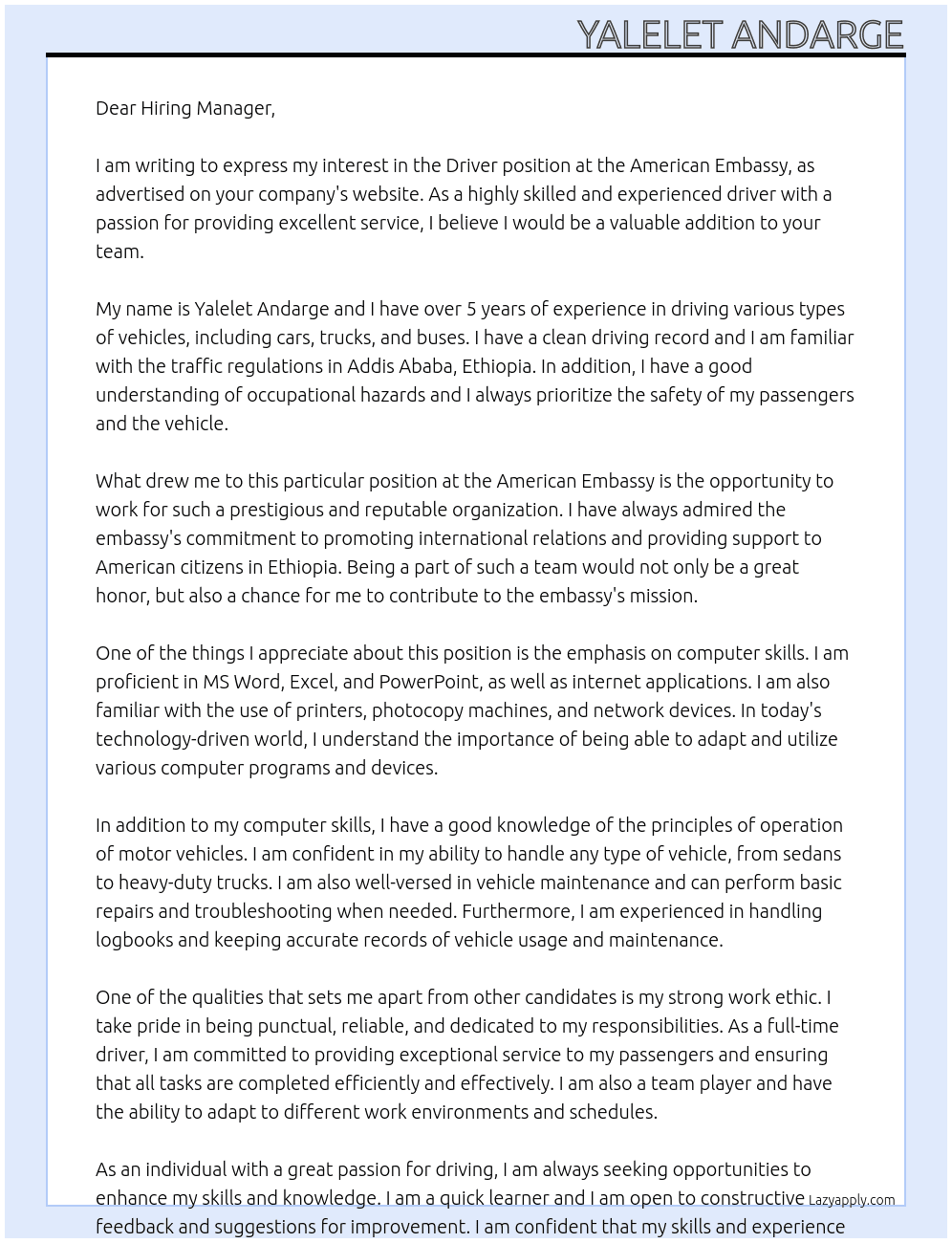 Driver At American Embassy Cover Letter