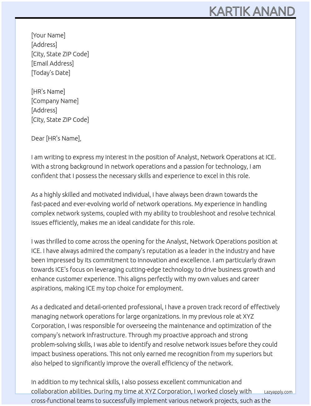 Analyst, Network Operations At ICE Cover Letter