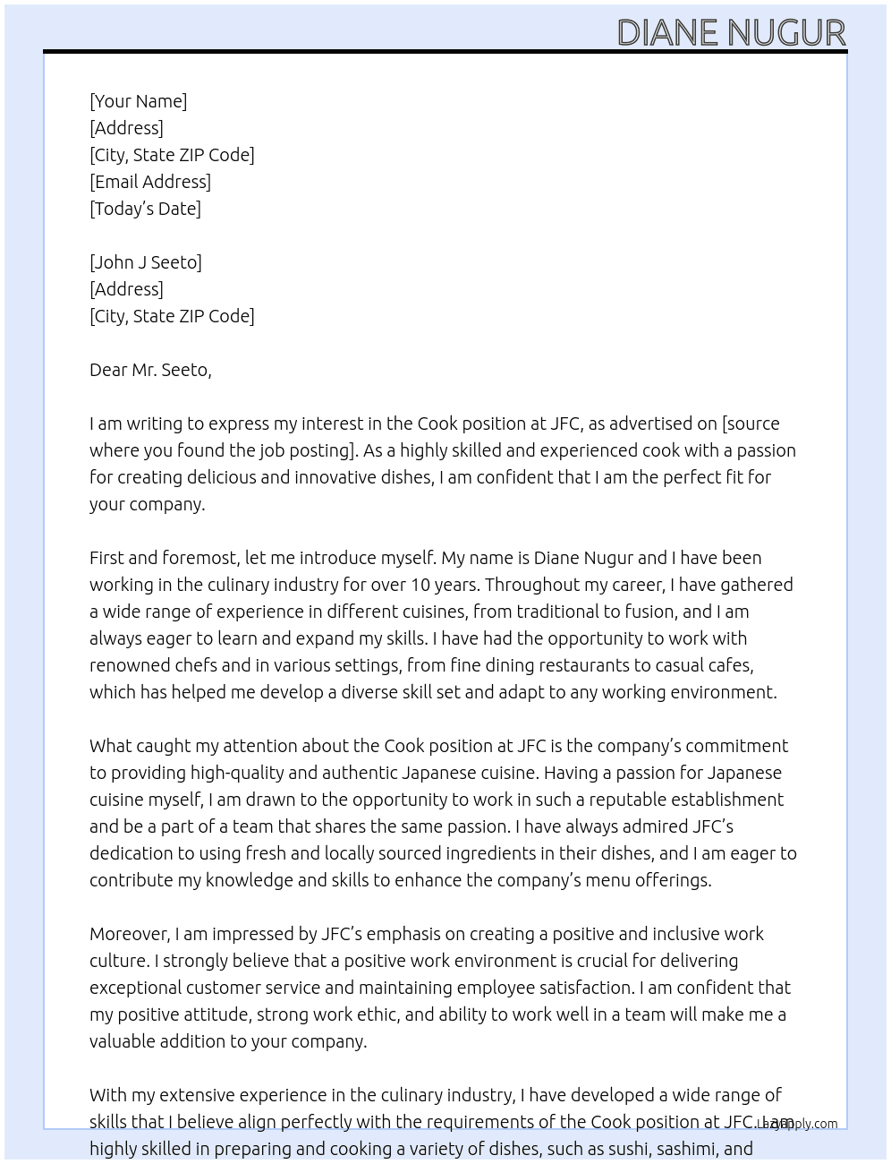 Cook At Jfc Cover Letter