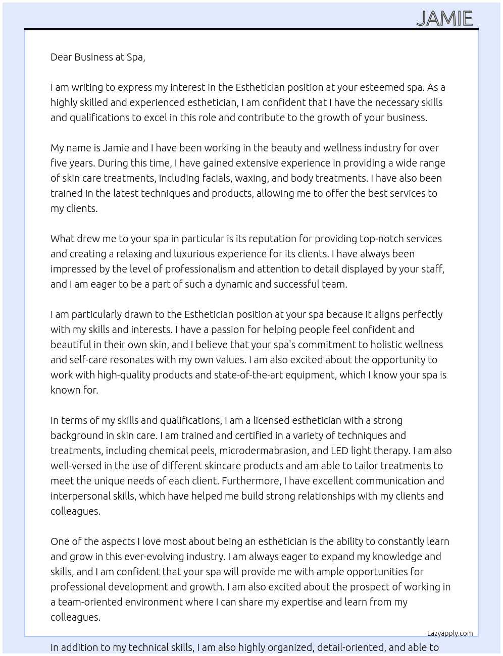 Esthitician At Spa Cover Letter