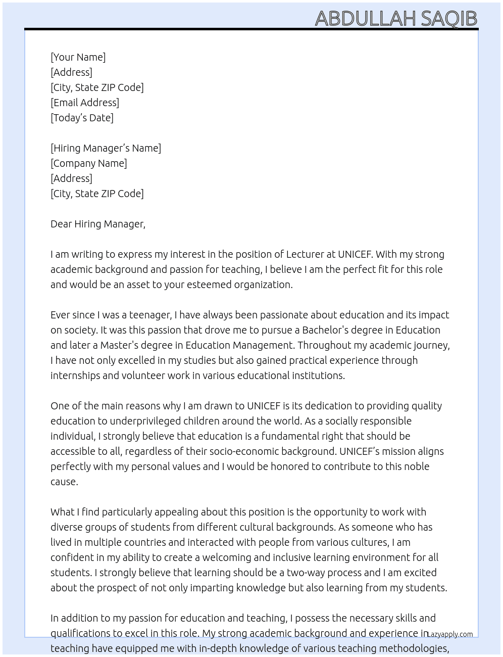 Lecturer At UNICEF Cover Letter