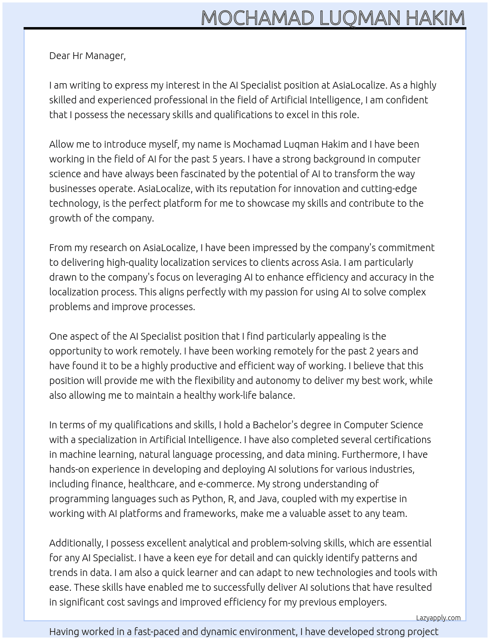 AI Specialist At AsiaLocalize Cover Letter