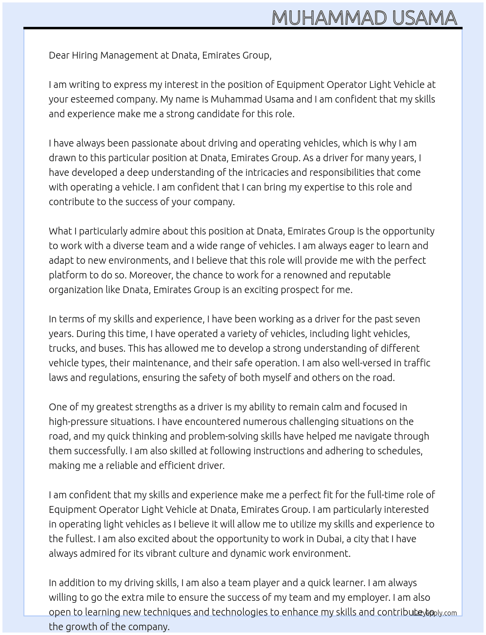 Equipment operator light vehicle  At Dnata, Emirates group  Cover Letter