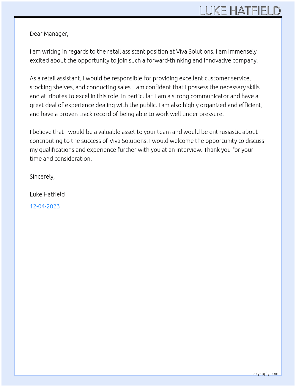 Retail assistant At Viva Solutions Cover Letter