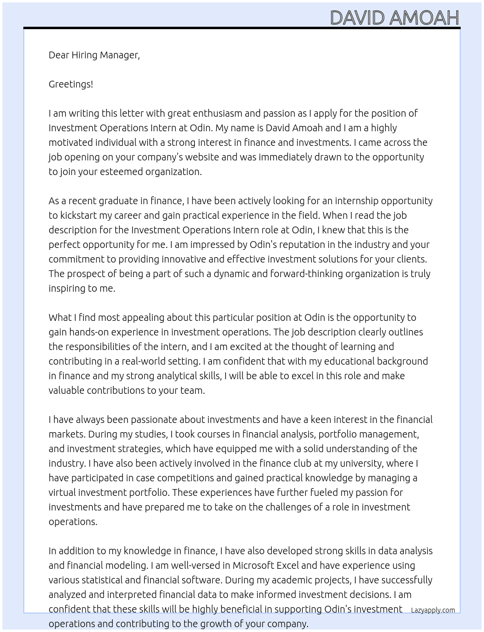 Investment Operations Intern At Odin Cover Letter