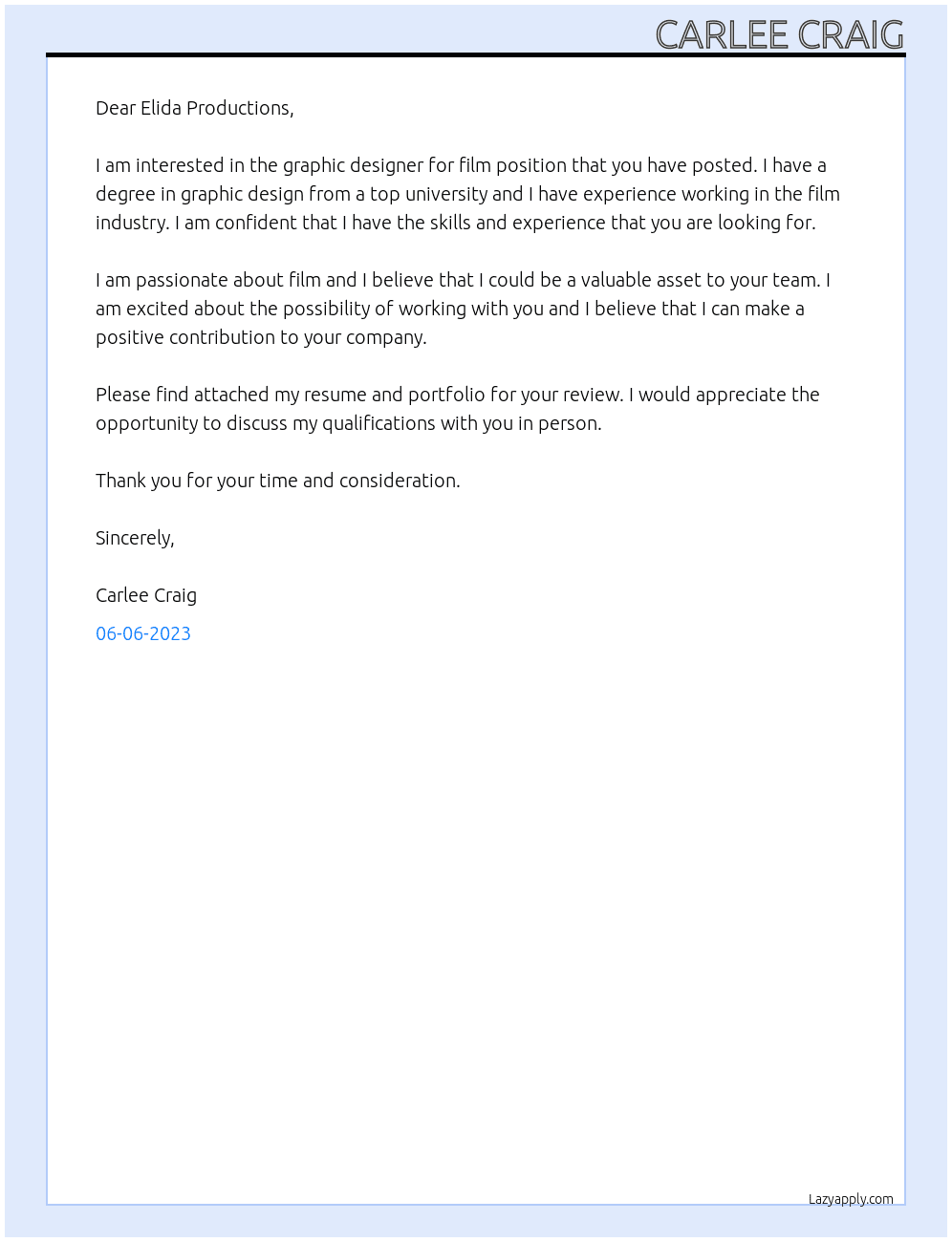 graphic designer for film At Elida Productions Cover Letter