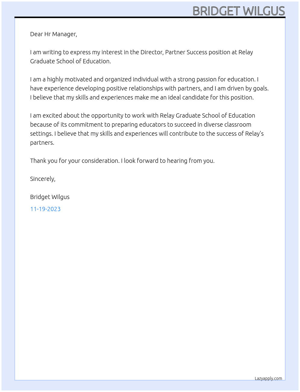 The Director, Partner Success  At Relay Graduate School of Education  Cover Letter