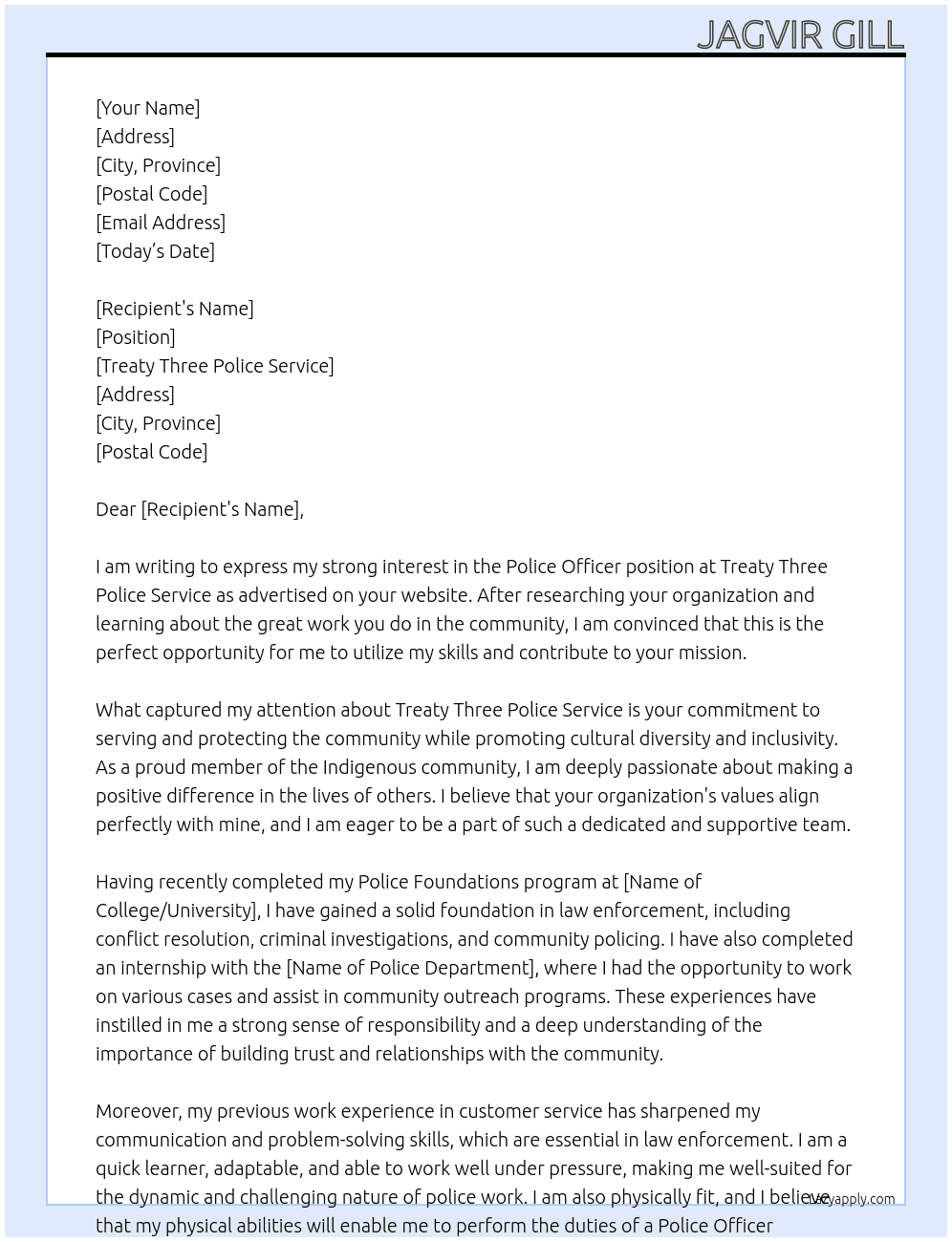 Police Officer At Treaty Three Police Service Cover Letter