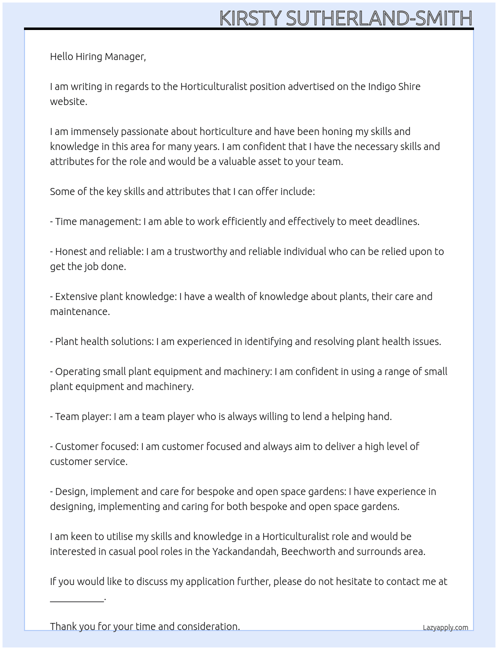 Horticulturalist At Indigo Shire Cover Letter