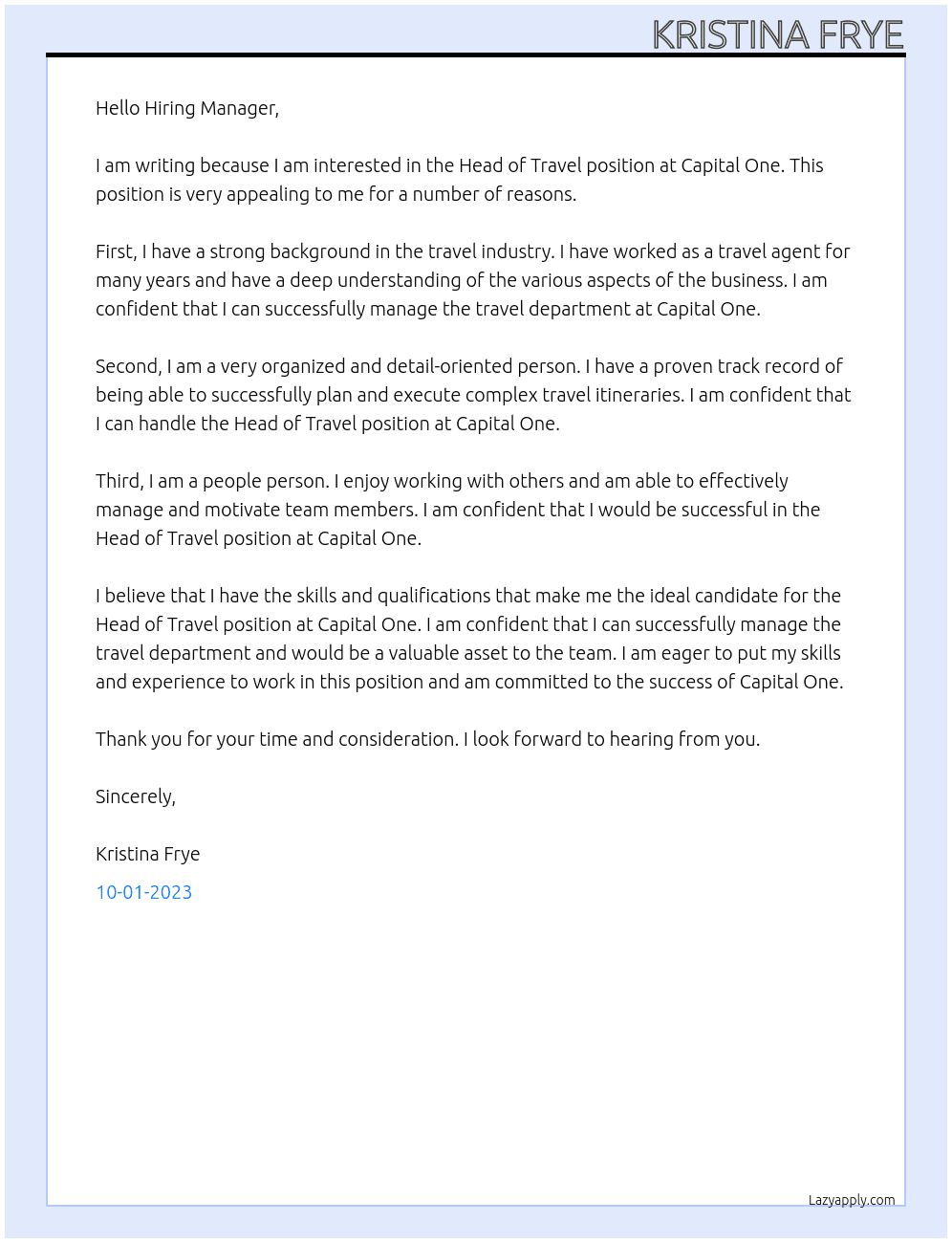 Head of Travel At CAPITAL ONE Cover Letter