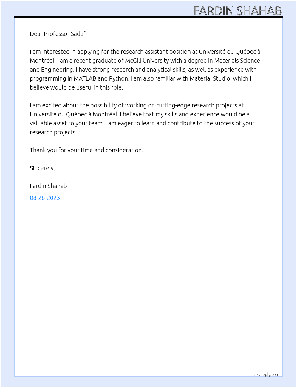 Research Assistant At université du québec à montréal Cover Letter