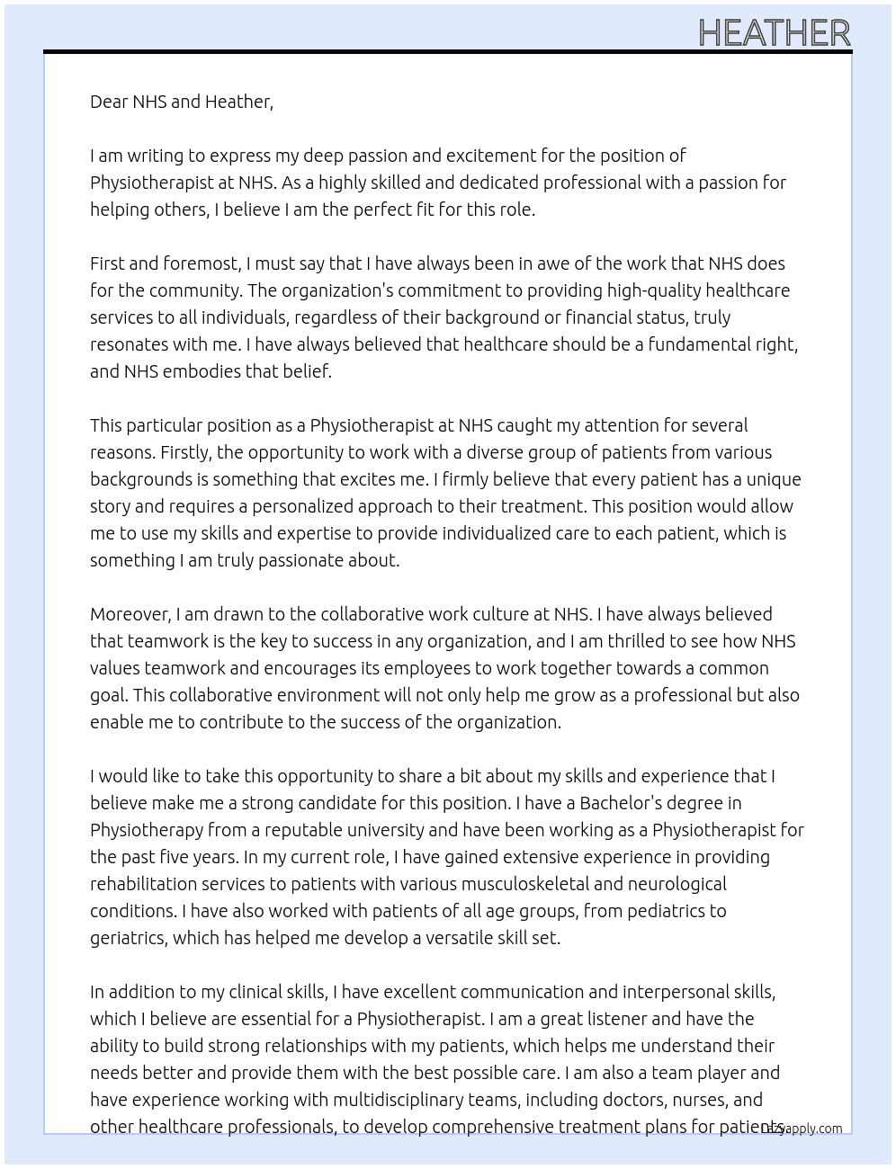 Physiotherapist At NHS Cover Letter