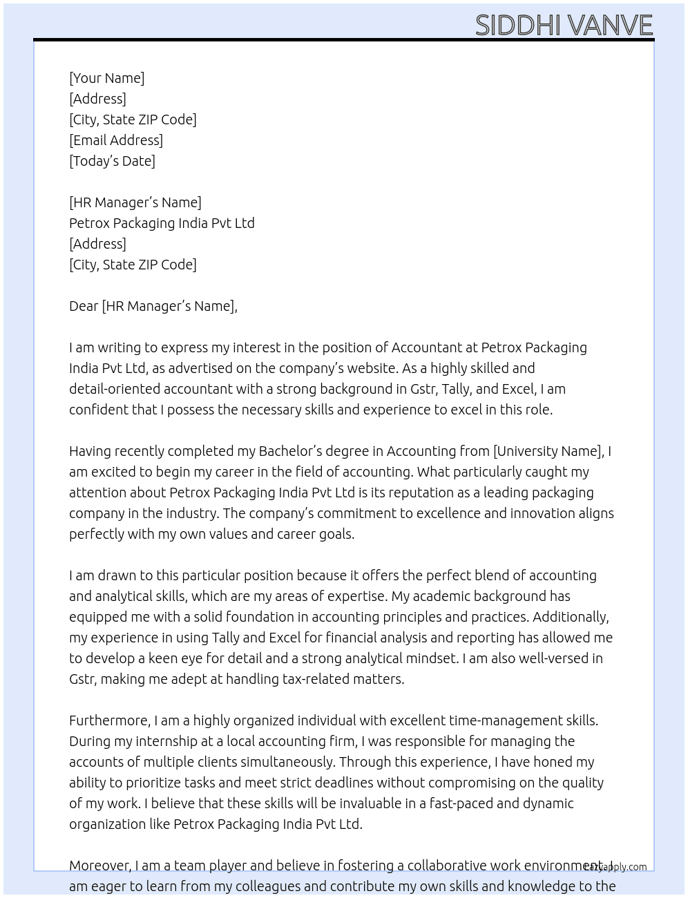 Accountant At Petrox Packaging India Pvt Ltd Cover Letter