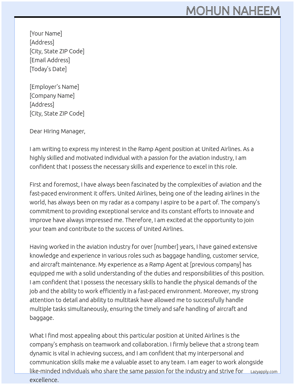 Ramp agent At United Airlines Cover Letter