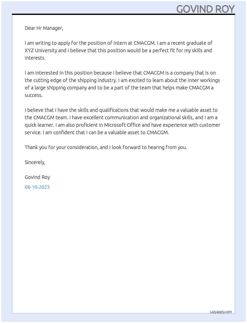 intern At CMACGM Cover Letter