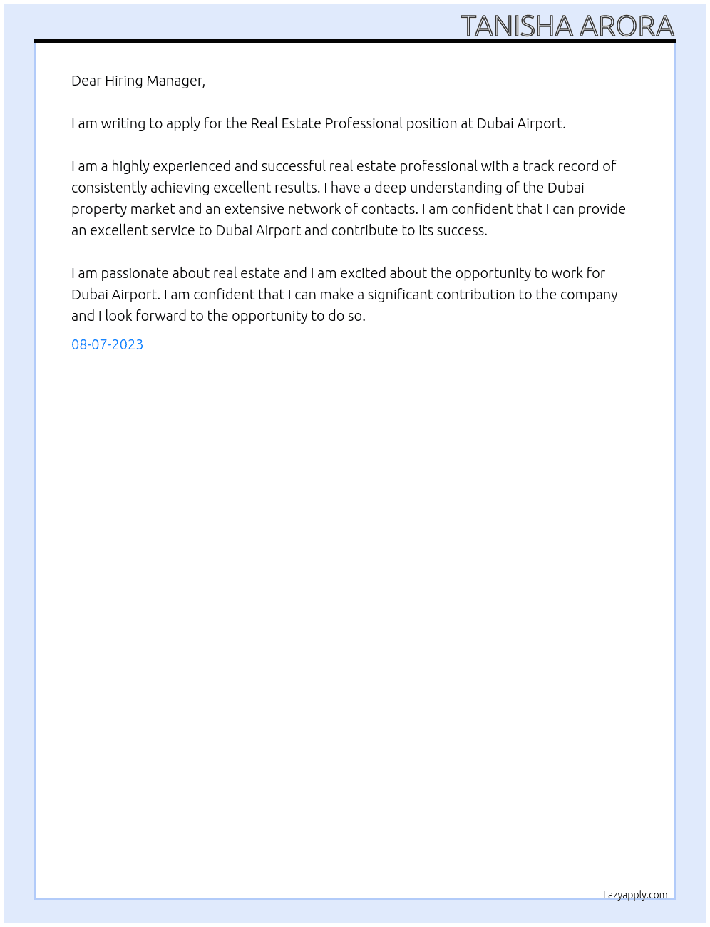 Real Estate Professional  At Dubao Airport  Cover Letter